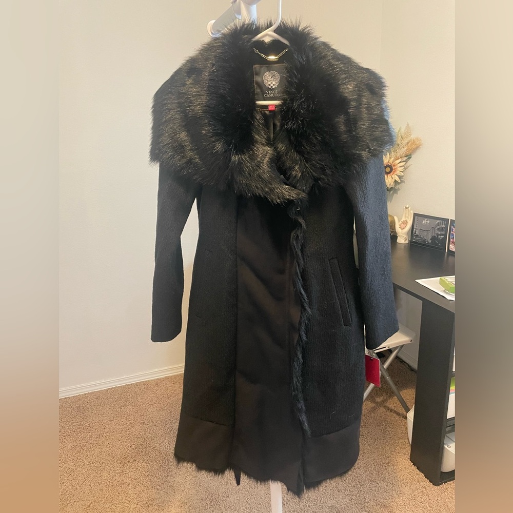 ✨ Vince Camuto Faux Fur Trim Belted Wrap Coat